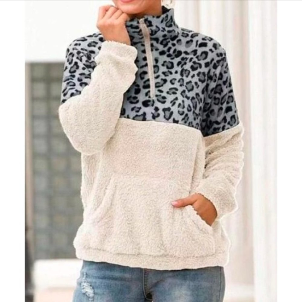 CLOSING SALE! Ivory Fleece Pullover w Gray Leopard